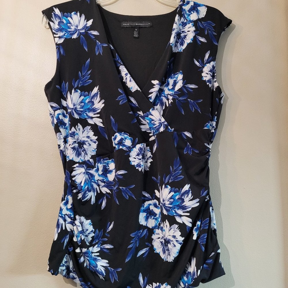 White House Black Market Sleeveless Top Blue Black White Flowers
